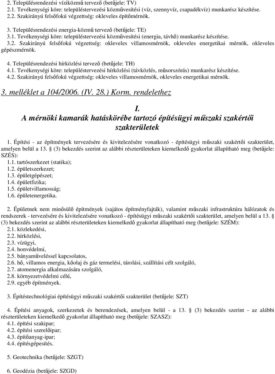 Szakirányú felsıfokú végzettség: okleveles villamosmérnök, okleveles energetikai mérnök, okleveles gépészmérnök. 4. Településrendezési hírközlési tervezı (betőjele: TH) 4.1.