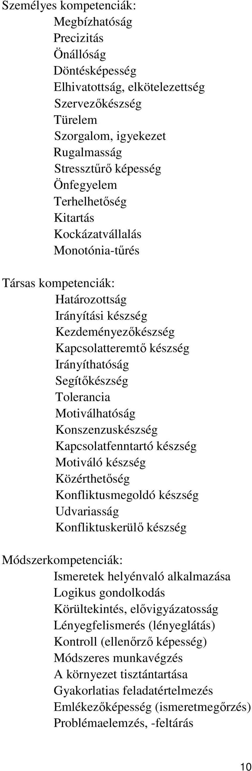 Motiválhatóság Konszenzuskészség Kapcsolatfenntartó készség Motiváló készség Közérthetőség Konfliktusmegoldó készség Udvariasság Konfliktuskerülő készség Módszerkompetenciák: Ismeretek helyénvaló