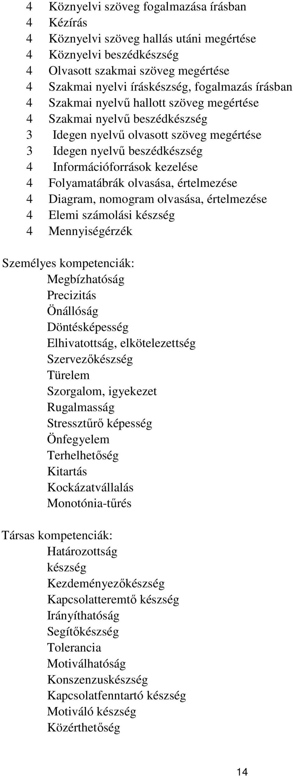 olvasása, értelmezése 4 Diagram, nomogram olvasása, értelmezése 4 Elemi számolási készség 4 Mennyiségérzék Személyes kompetenciák: Megbízhatóság Precizitás Önállóság Döntésképesség Elhivatottság,