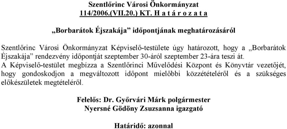 Képviselő-testülete úgy határozott, hogy a Borbarátok Éjszakája rendezvény időpontját szeptember 30-áról szeptember