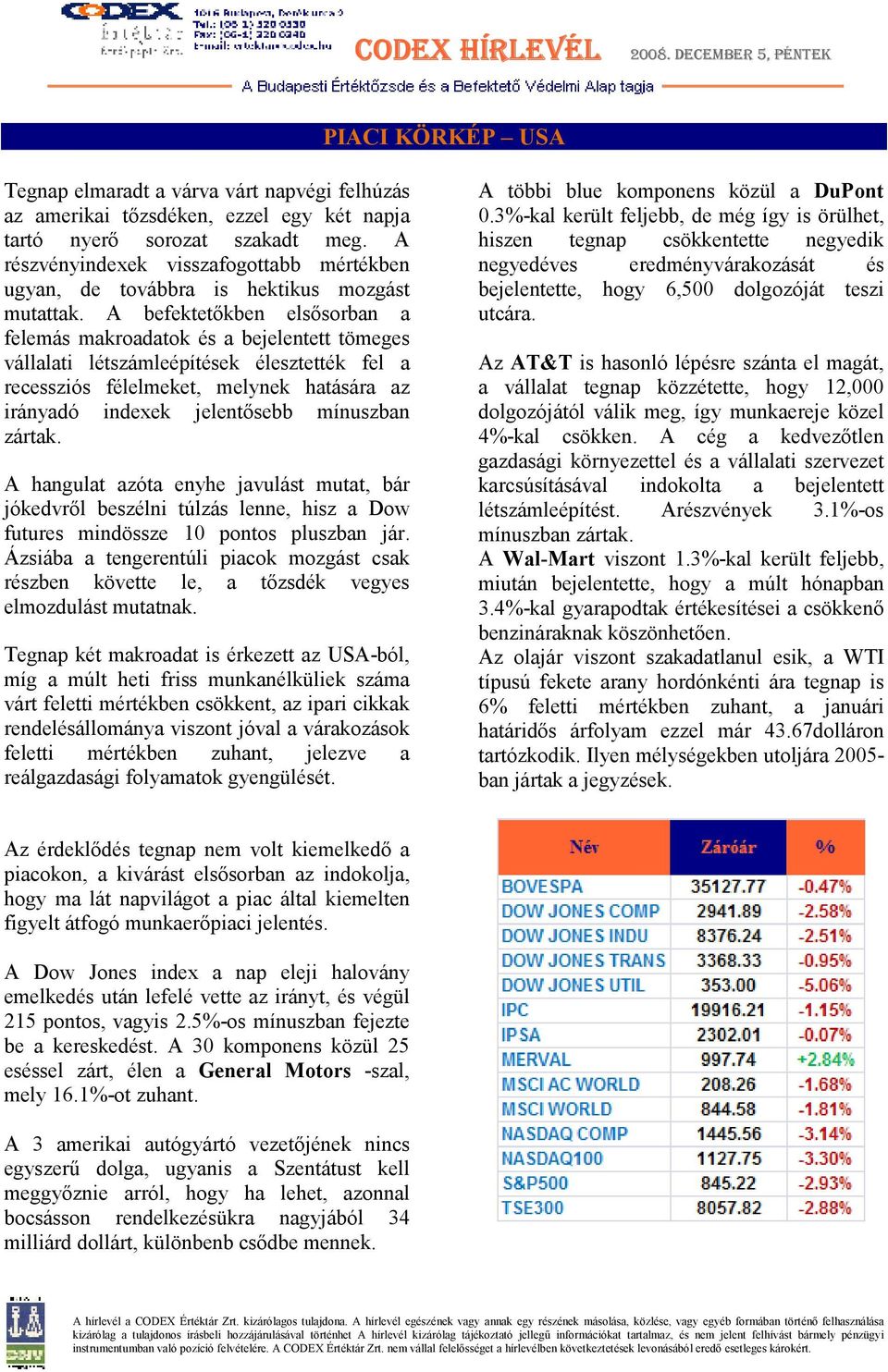 A befektetıkben elsısorban a felemás makroadatok és a bejelentett tömeges vállalati létszámleépítések élesztették fel a recessziós félelmeket, melynek hatására az irányadó indexek jelentısebb