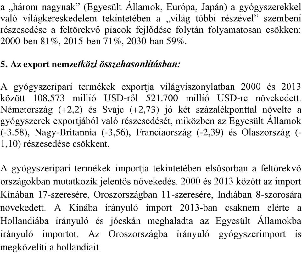 700 millió USD-re növekedett. Németország (+2,2) és Svájc (+2,73) jó két százalékponttal növelte a gyógyszerek exportjából való részesedését, miközben az Egyesült Államok (-3.