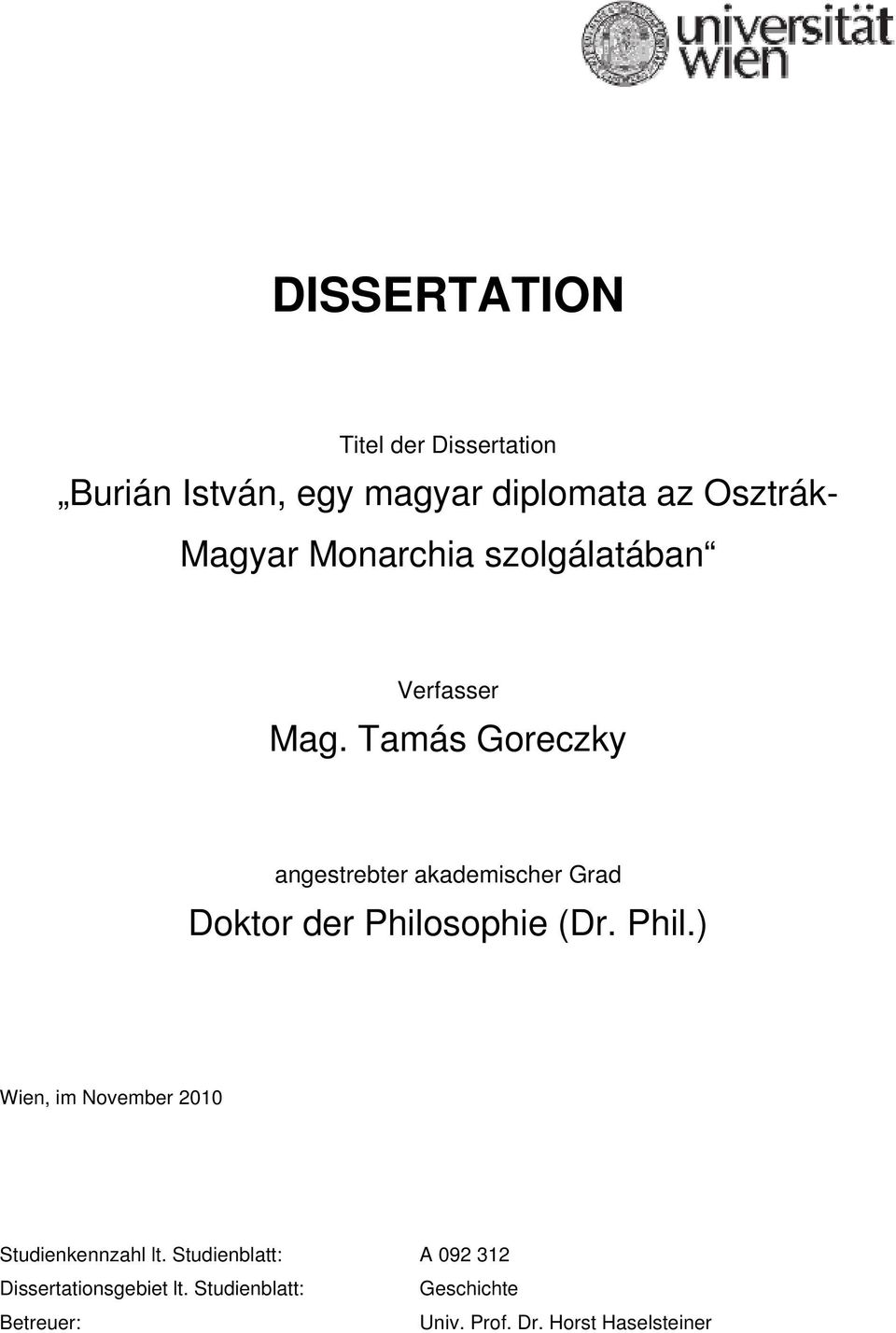 Tamás Goreczky angestrebter akademischer Grad Doktor der Philo