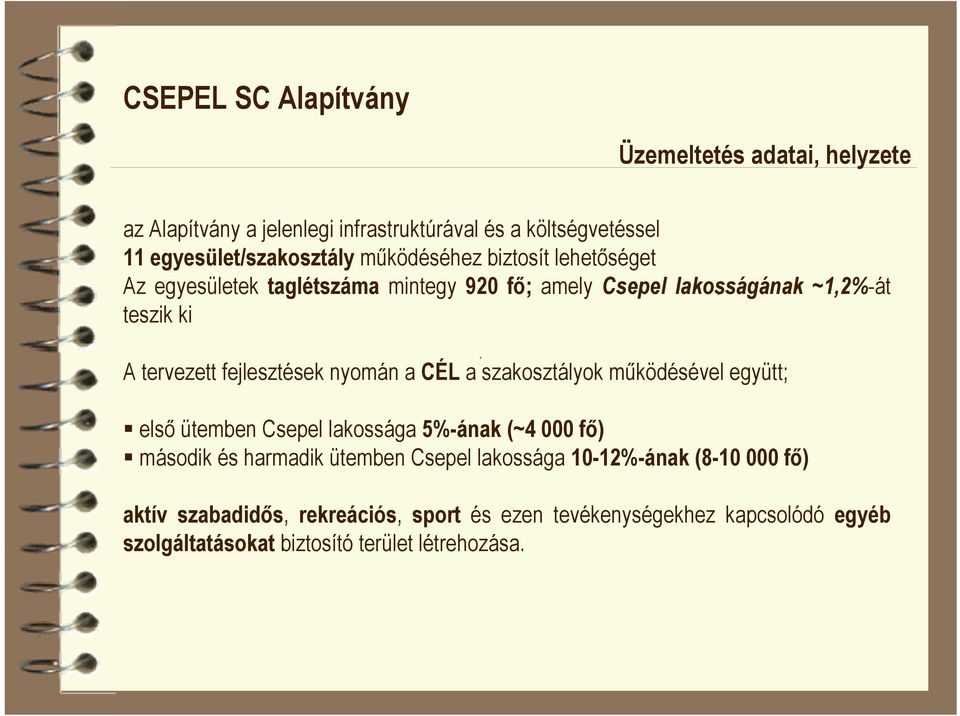 nyomán a CÉL a szakosztályok működésével együtt; első ütemben Csepel lakossága 5%-ának (~4 000 fő) második és harmadik ütemben Csepel lakossága