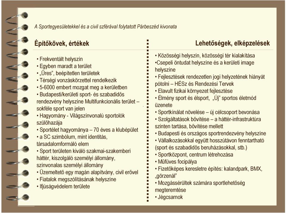 szülőhazája Sportélet hagyománya 70 éves a klubépület a SC szimbólum, mint identitás, társadalomformáló elem Sport területen kiváló szakmai-szakemberi háttér, kiszolgáló személyi állomány,