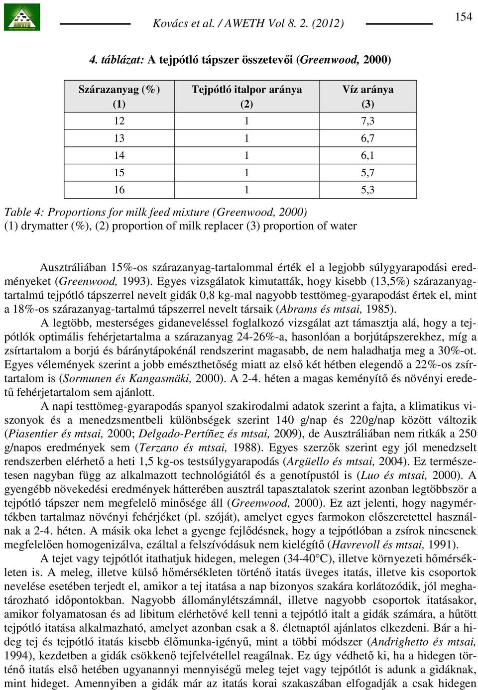 feed mixture (Greenwood, 2000) (1) drymatter (%), (2) proportion of milk replacer (3) proportion of water Ausztráliában 15%-os szárazanyag-tartalommal érték el a legjobb súlygyarapodási eredményeket