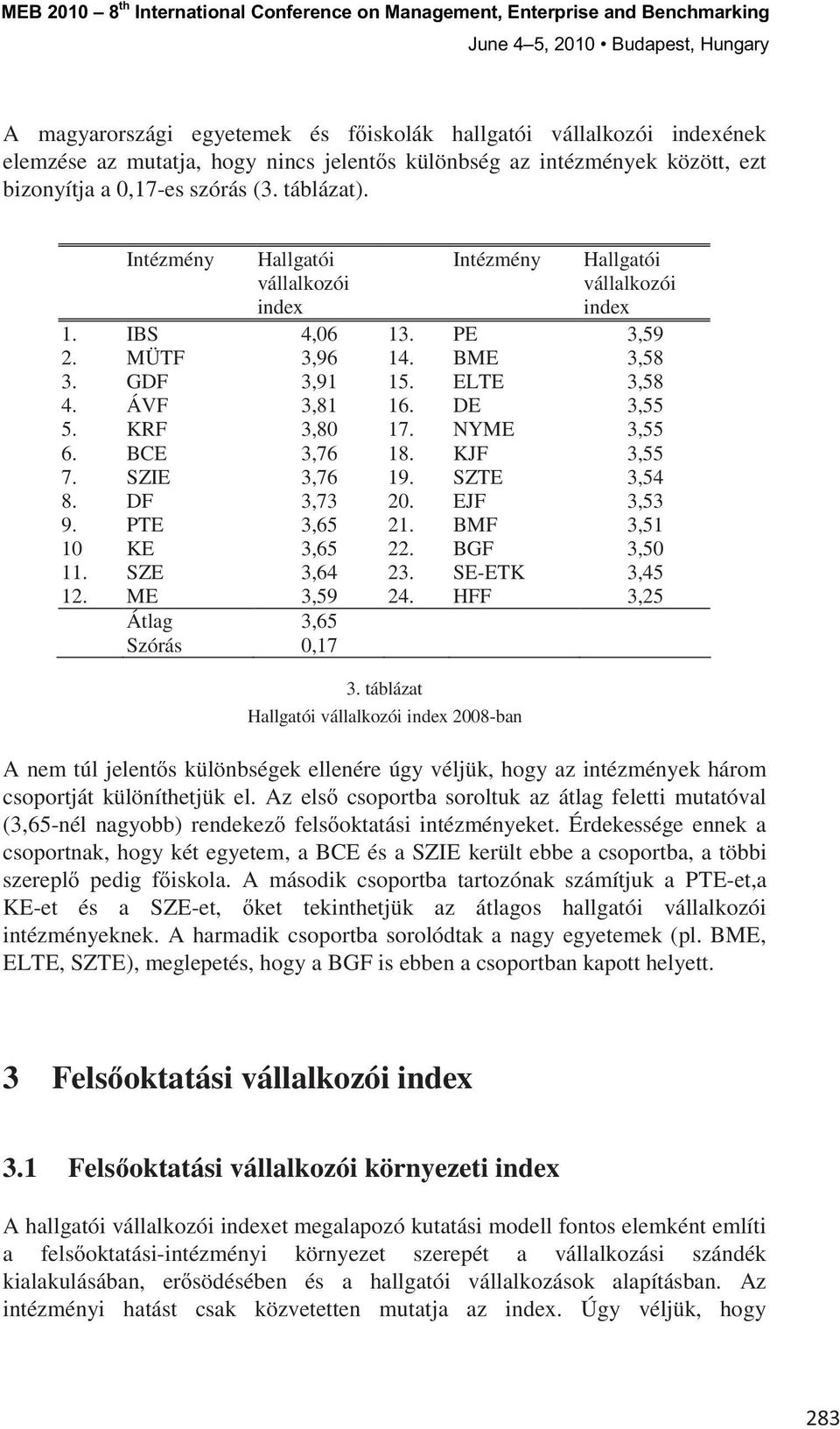 EJF 3,53 9. PTE 3,65 21. BMF 3,51 10 KE 3,65 22. BGF 3,50 11. SZE 3,64 23. SE-ETK 3,45 12. ME 3,59 24. HFF 3,25 Átlag 3,65 Szórás 0,17 3.