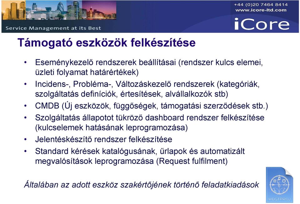 stb.) Szolgáltatás állapotot tükröző dashboard rendszer felkészítése (kulcselemek hatásának leprogramozása) Jelentéskészítő rendszer felkészítése