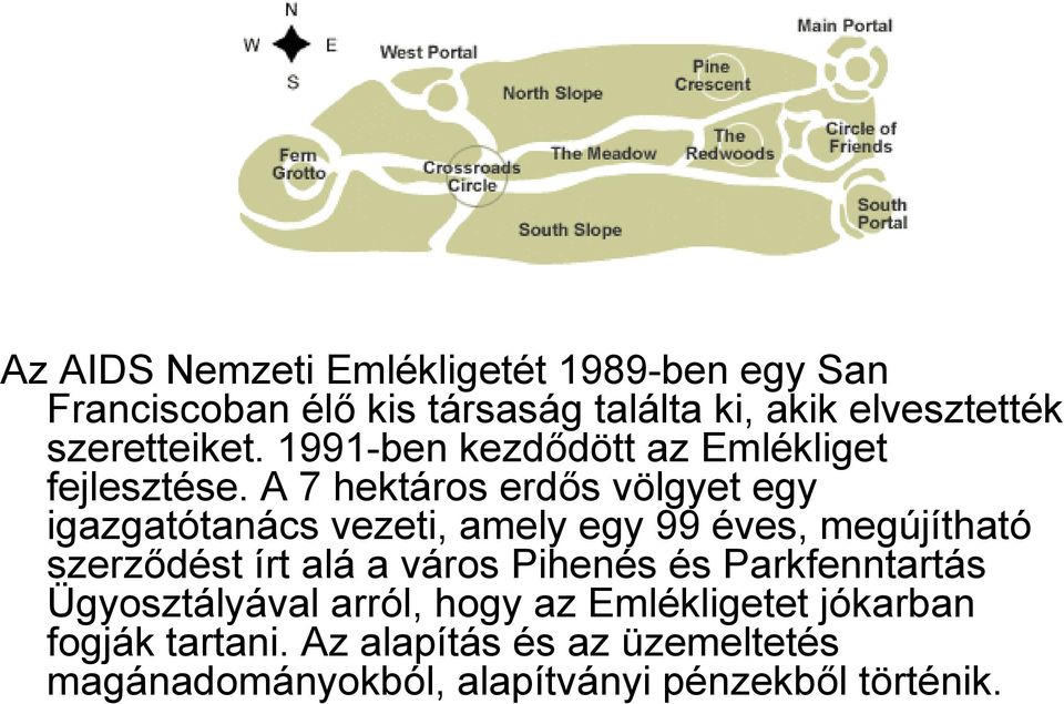 A 7 hektáros erdős völgyet egy igazgatótanács vezeti, amely egy 99 éves, megújítható szerződést írt alá a város