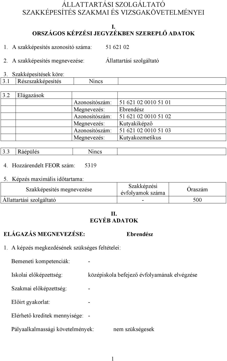 2 Elágazások Azonosítószám: 51 621 02 0010 51 01 Megnevezés: Ebrendész Azonosítószám: 51 621 02 0010 51 02 Megnevezés: Kutyakiképző Azonosítószám: 51 621 02 0010 51 03 Megnevezés: Kutyakozmetikus 3.