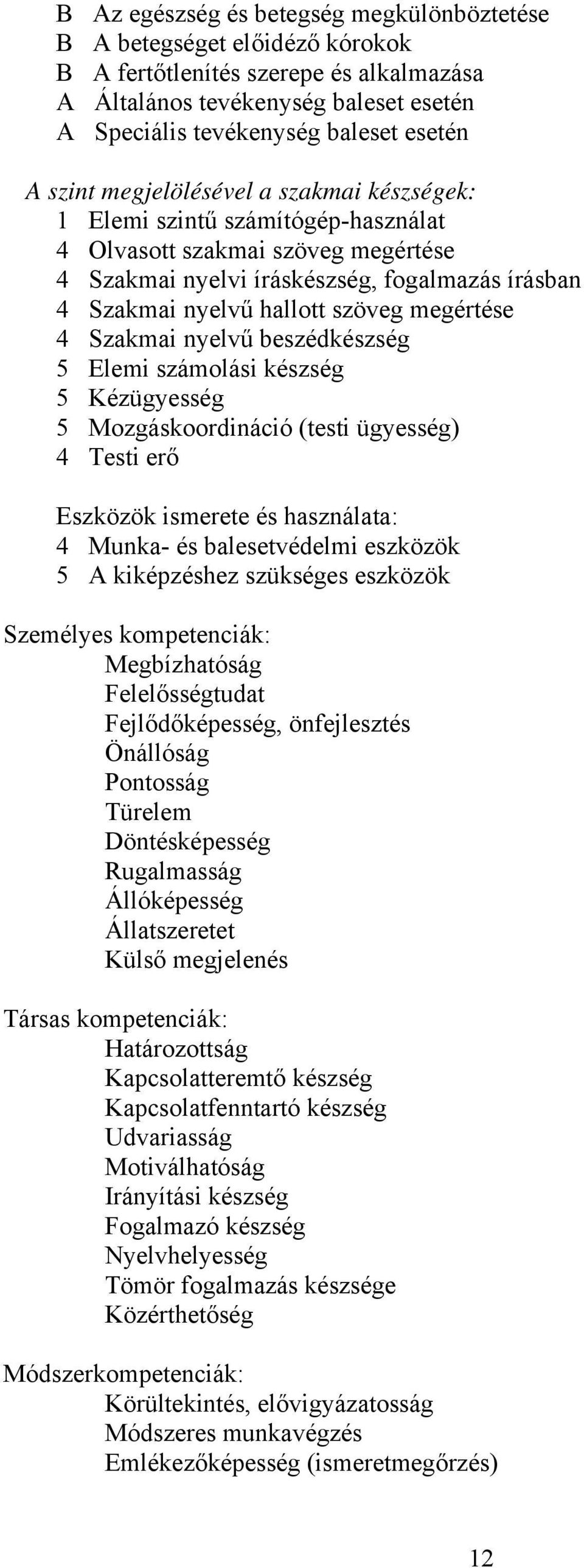 megértése 4 Szakmai nyelvű beszédkészség 5 Elemi számolási készség 5 Kézügyesség 5 Mozgáskoordináció (testi ügyesség) 4 Testi erő Eszközök ismerete és használata: 4 Munka- és balesetvédelmi eszközök