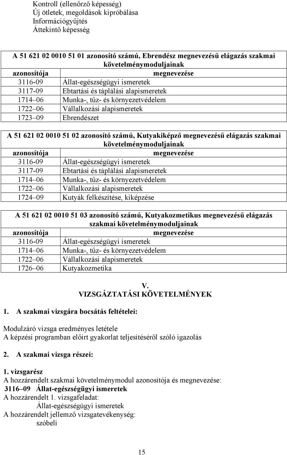 alapismeretek 1723 09 Ebrendészet A 51 621 02 0010 51 02 azonosító számú, Kutyakiképző megnevezésű elágazás szakmai  alapismeretek 1724 09 Kutyák felkészítése, kiképzése A 51 621 02 0010 51 03