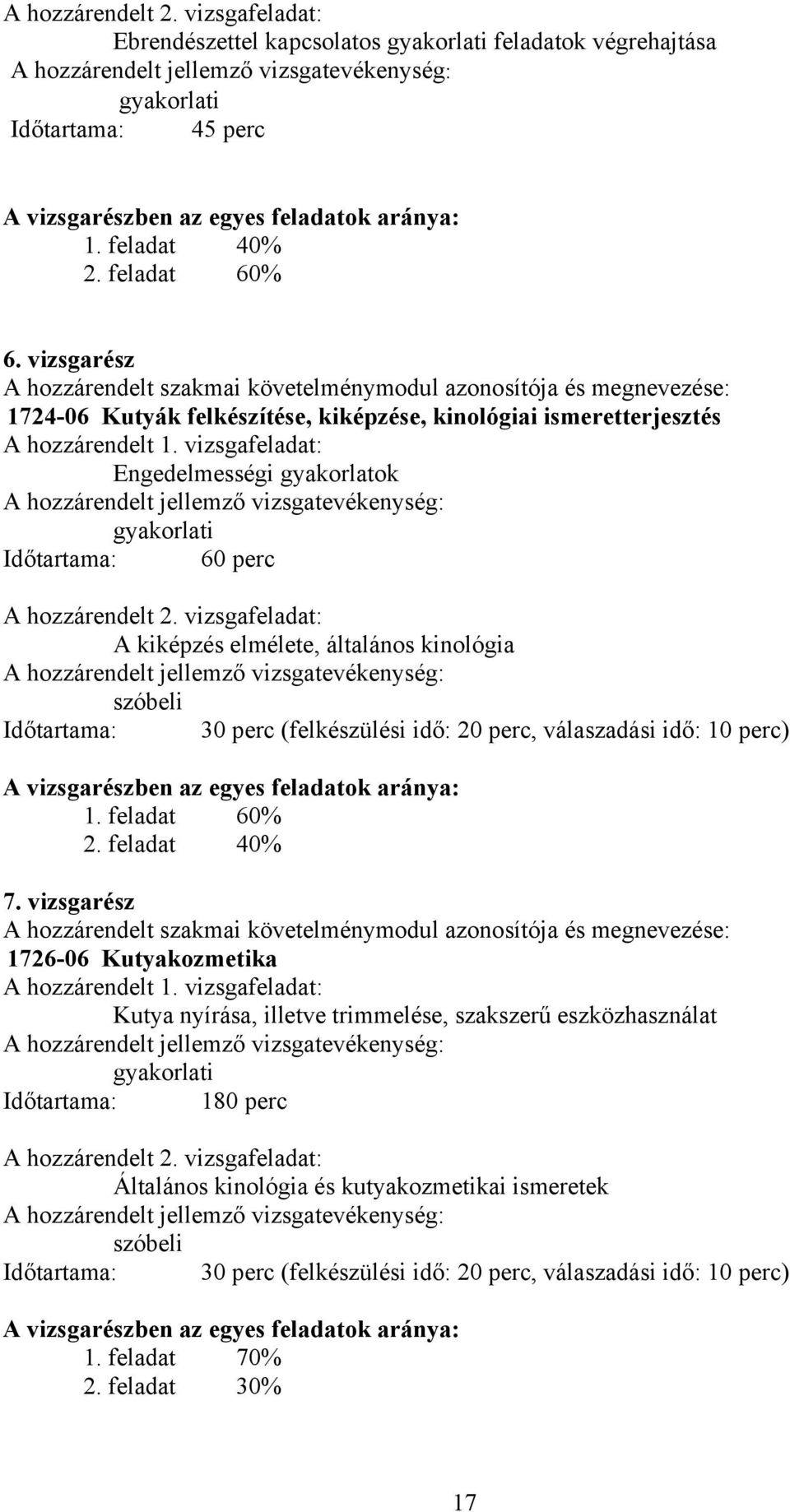 vizsgafeladat: Engedelmességi gyakorlatok gyakorlati Időtartama: 60 perc A hozzárendelt 2.