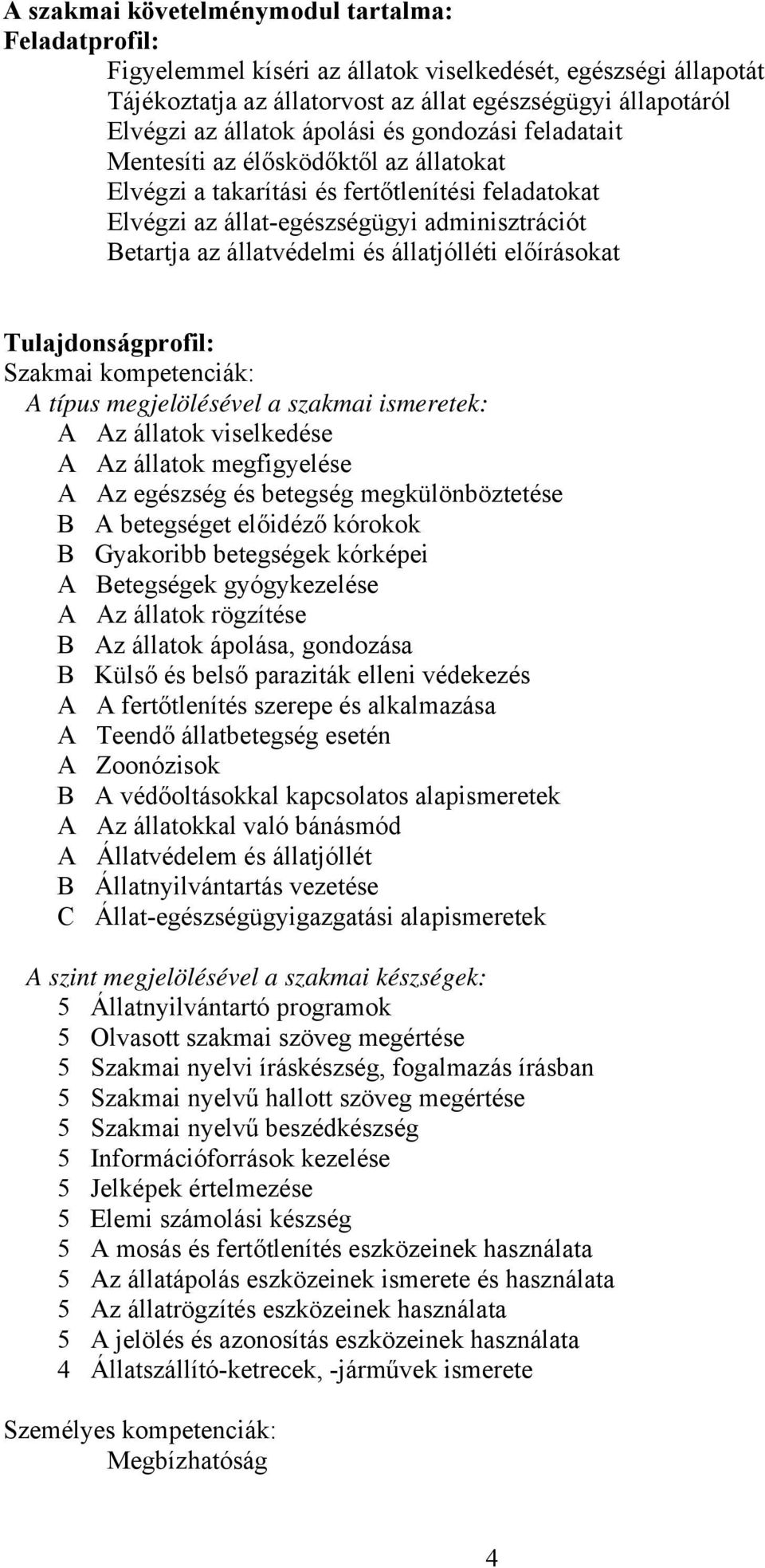 állatjólléti előírásokat Tulajdonságprofil: Szakmai kompetenciák: A típus megjelölésével a szakmai ismeretek: A Az állatok viselkedése A Az állatok megfigyelése A Az egészség és betegség