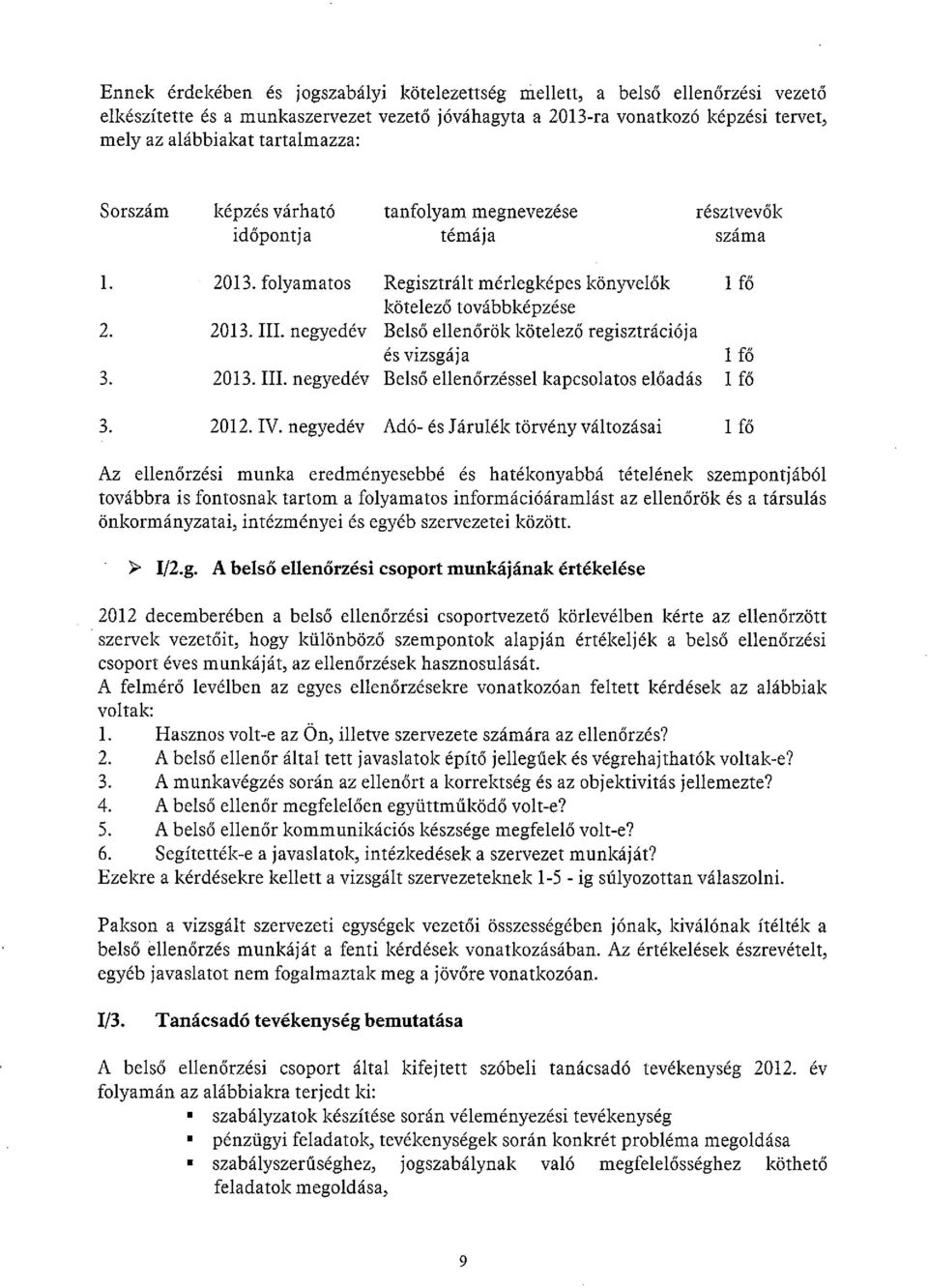 negyedév Belső ellenőrök kötelező regisztrációja és vizsgája 1 fő 3. 2013. III. negyedév Belső ellenőrzéssel kapcsolatos előadás I fő 3. 2012. IV.