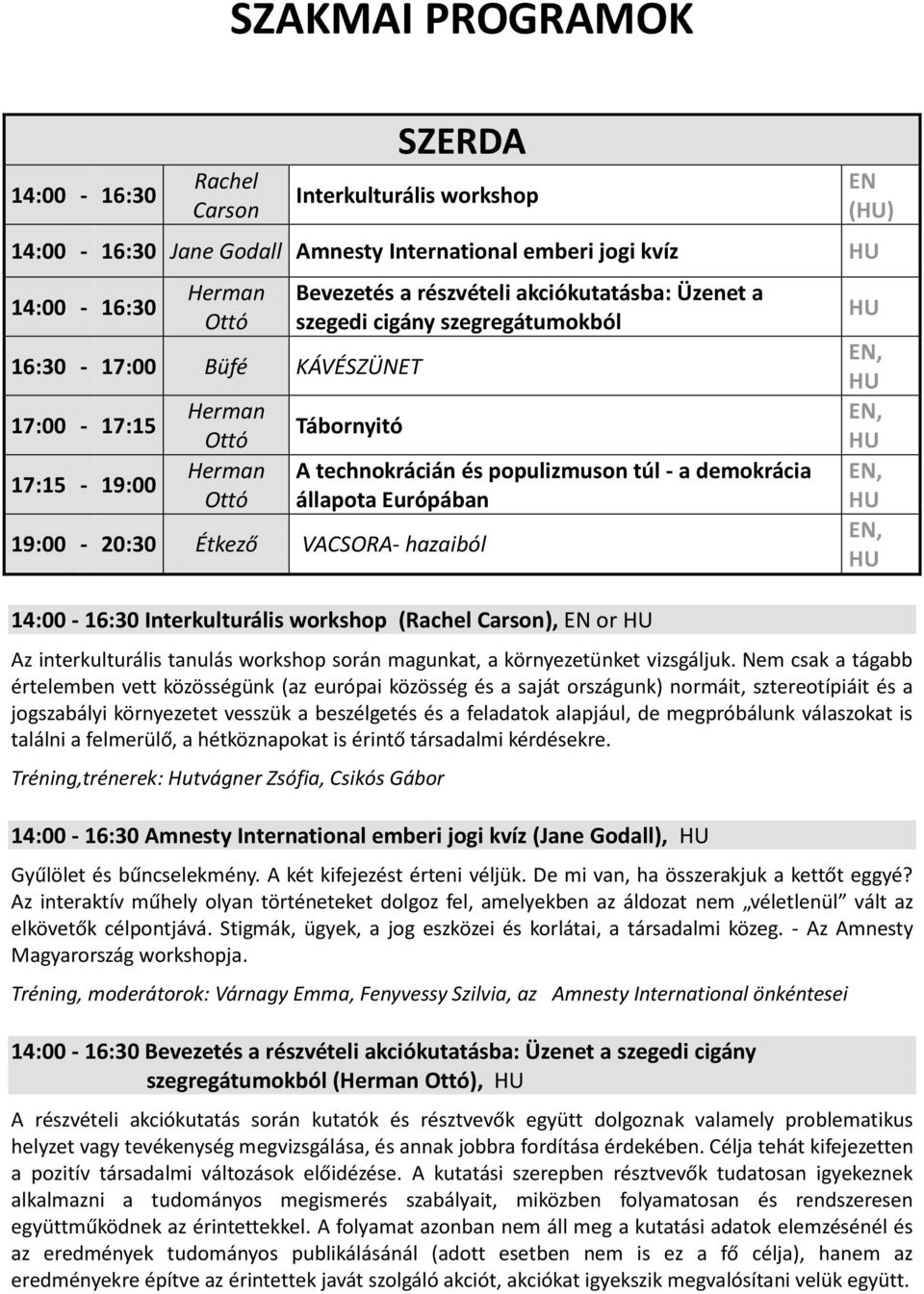 Európában 14:00-16:30 Interkulturális workshop (Rachel Carson), EN or HU EN (HU) HU EN, HU EN, HU EN, HU EN, HU Az interkulturális tanulás workshop során magunkat, a környezetünket vizsgáljuk.