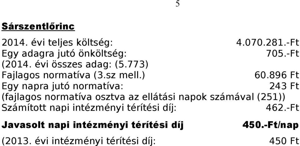 896 Ft Egy napra jutó normatíva: 243 Ft (fajlagos normatíva osztva az ellátási napok