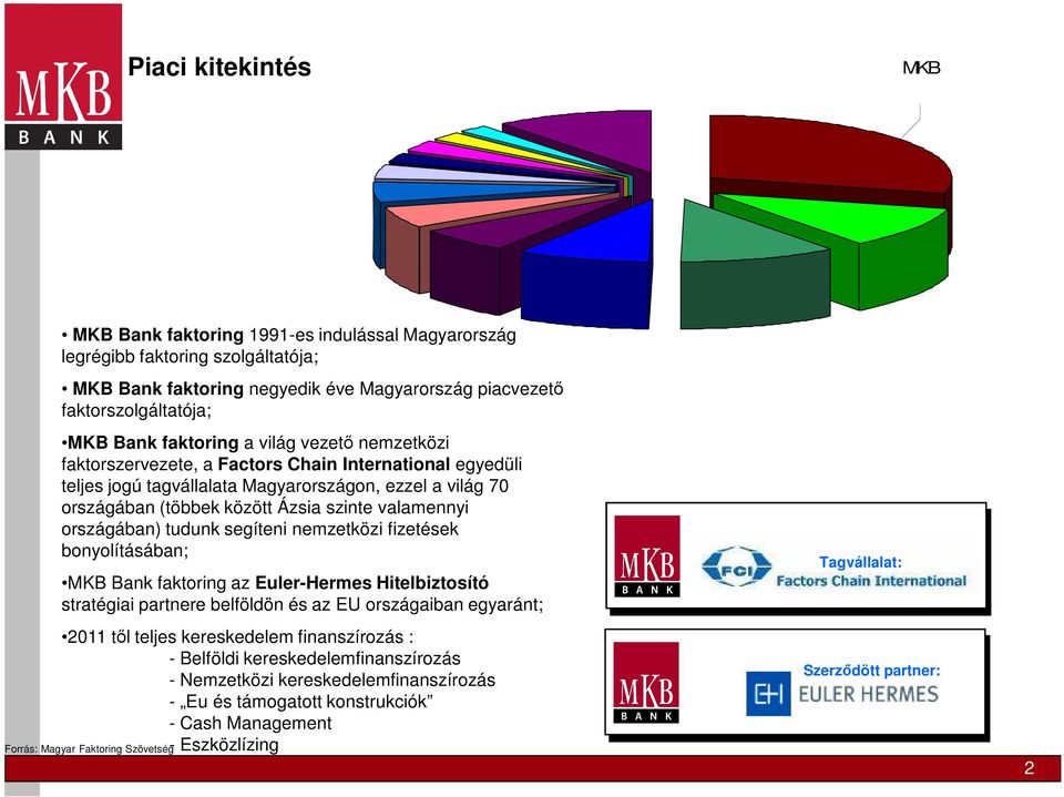 valamennyi országában) tudunk segíteni nemzetközi fizetések bonyolításában; MKB Bank faktoring az Euler-Hermes Hitelbiztosító stratégiai partnere belföldön és az EU országaiban egyaránt; 2011 től