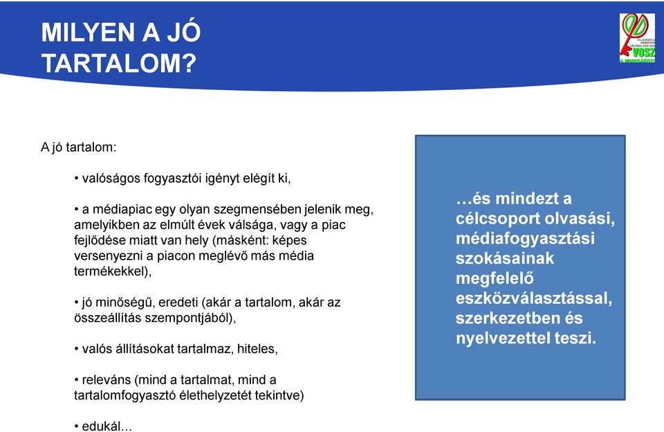 piac fejlődése miatt van hely (másként: képes versenyezni a piacon meglévő más média termékekkel), jó minőségű, eredeti (akár a tartalom, akár az