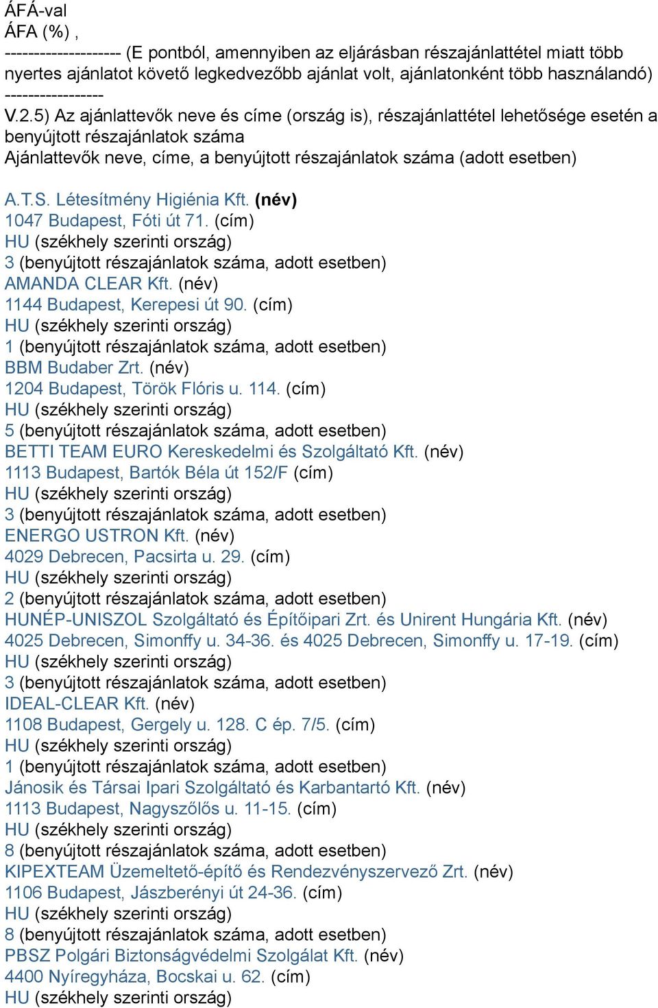 Létesítmény Higiénia Kft. (név) 1047 Budapest, Fóti út 71. (cím) 3 (benyújtott részajánlatok száma, adott esetben) AMANDA CLEAR Kft. (név) 1144 Budapest, Kerepesi út 90.