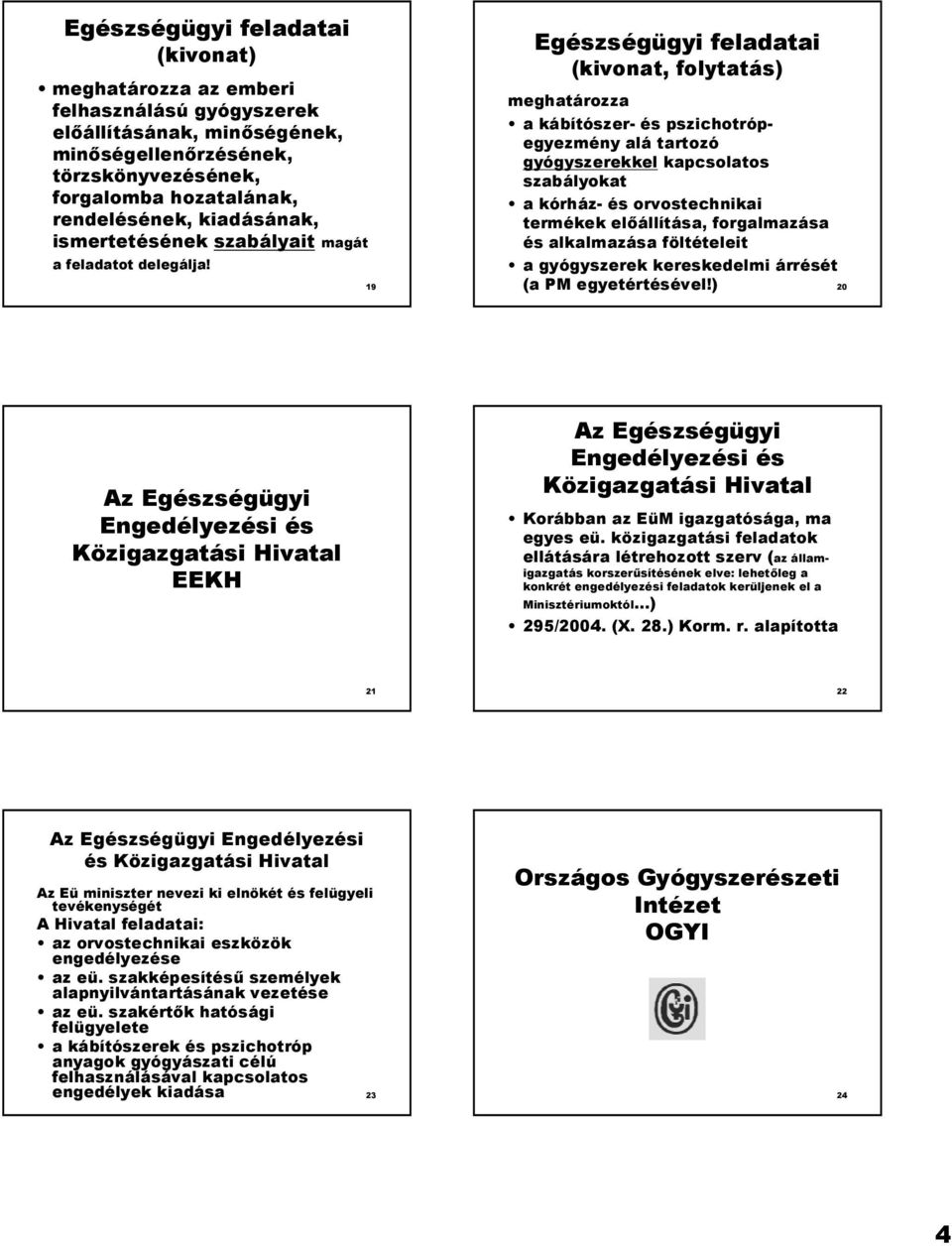 19 Egészségügyi feladatai (kivonat, folytatás) meghatározza a kábítószer- és pszichotrópegyezmény alá tartozó gyógyszerekkel kapcsolatos szabályokat a kórház- és orvostechnikai termékek el4állítása,