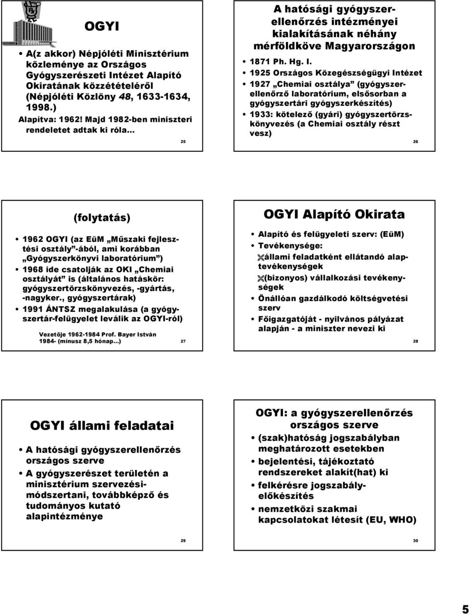 1925 Országos Közegészségügyi Intézet 1927 Chemiai osztálya (gyógyszerellen4rz4 laboratórium, els4sorban a gyógyszertári gyógyszerkészítés) 1933: kötelez4 (gyári) gyógyszertörzskönyvezés (a Chemiai