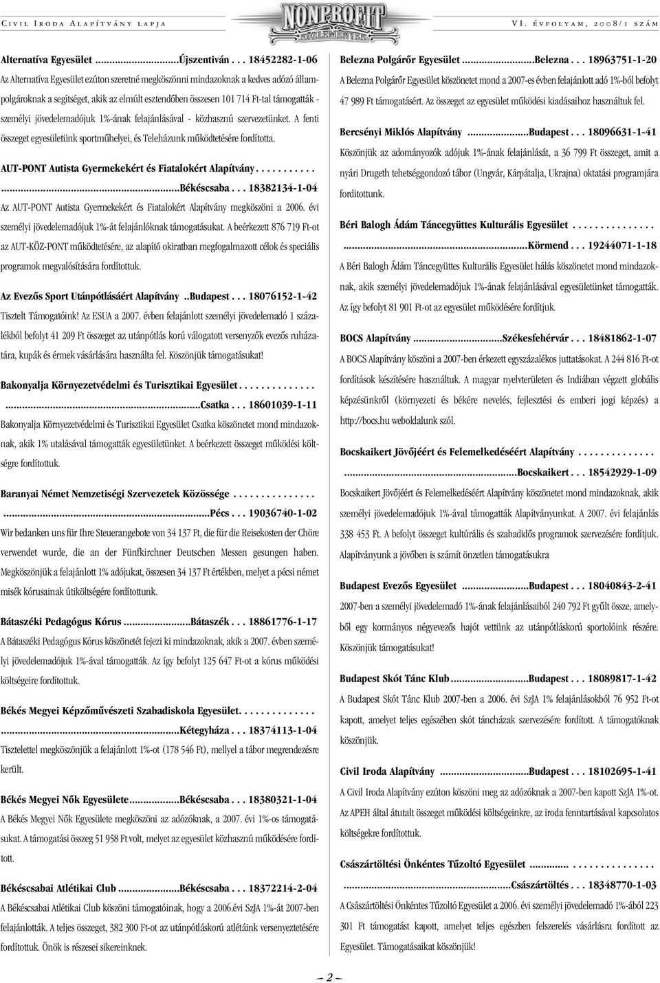 személyi jövedelemadójuk 1%-ának felajánlásával - közhasznú szervezetünket. A fenti összeget egyesületünk sportmûhelyei, és Teleházunk mûködtetésére fordította.