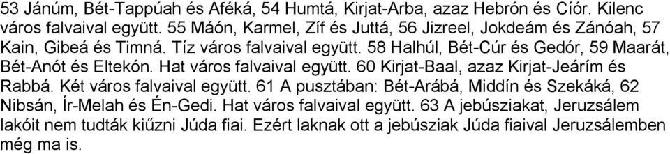 58 Halhúl, Bét-Cúr és Gedór, 59 Maarát, Bét-Anót és Eltekón. Hat város falvaival együtt. 60 Kirjat-Baal, azaz Kirjat-Jeárím és Rabbá.