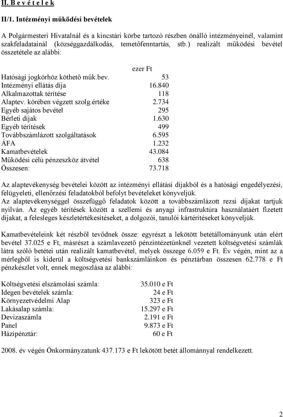 ) realizált működési bevétel összetétele az alábbi: ezer Ft Hatósági jogkörhöz köthető műk.bev. 53 Intézményi ellátás díja 16.840 Alkalmazottak térítése 118 Alaptev. körében végzett szolg.értéke 2.