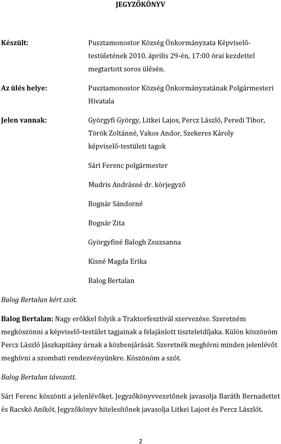 Ferenc polgármester Mudris Andrásné dr. körjegyző Bognár Sándorné Bognár Zita Györgyfiné Balogh Zsuzsanna Kisné Magda Erika Balog Bertalan Balog Bertalan kért szót.