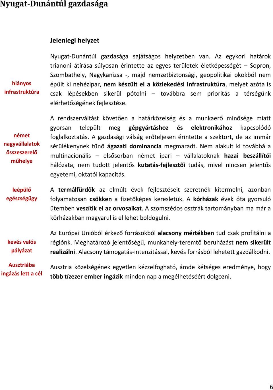 Az egykori határok trianoni átírása súlyosan érintette az egyes területek életképességét Sopron, Szombathely, Nagykanizsa -, majd nemzetbiztonsági, geopolitikai okokból nem épült ki nehézipar, nem