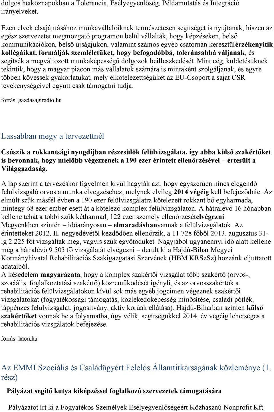 újságjukon, valamint számos egyéb csatornán keresztülérzékenyítik kollégáikat, formálják szemléletüket, hogy befogadóbbá, toleránsabbá váljanak, és segítsék a megváltozott munkaképességű dolgozók