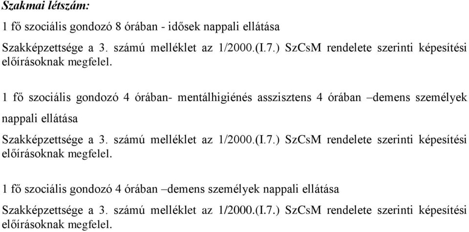 1 fő szociális gondozó 4 órában- mentálhigiénés asszisztens 4 órában demens személyek nappali ellátása Szakképzettsége a 3.