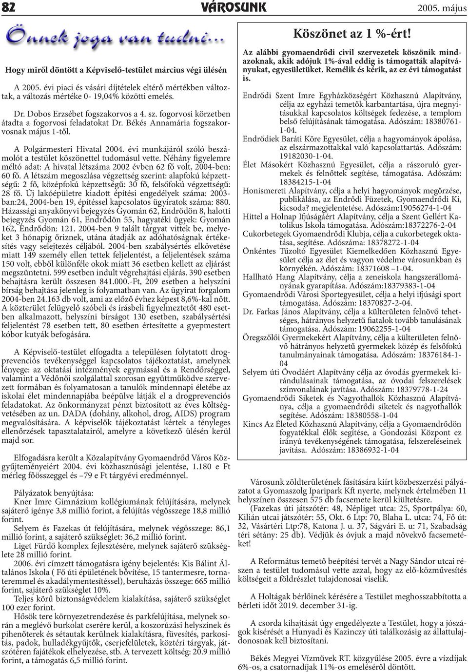 évi munkájáról szóló beszámolót a testület köszönettel tudomásul vette. Néhány figyelemre méltó adat: A hivatal létszáma 2002 évben 62 fő volt, 2004-ben: 60 fő.