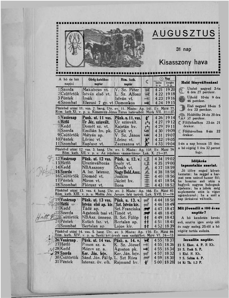 Márk VII. 31 37. 9 10 11 Vasárnap Hétfő Kedd Szerda Csütörtök Péntek Szombat Vasárnap 13 Hétfő ' 14 Kedd 15 Szerda 16 Csütörtök 17 Péntek -18 Szombat Punk. ut. 11 vas. Úr Jéz. szinvált. Dömét sz. vt.