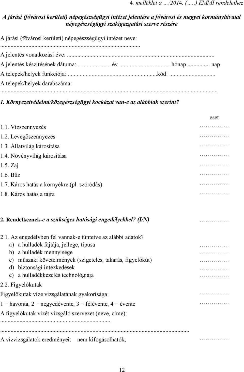 népegészségügyi intézet neve:... A jelentés vonatkozási éve:... A jelentés készítésének dátuma:... év... hónap... nap A telepek/helyek funkciója:...kód:... A telepek/helyek darabszáma:... 1.