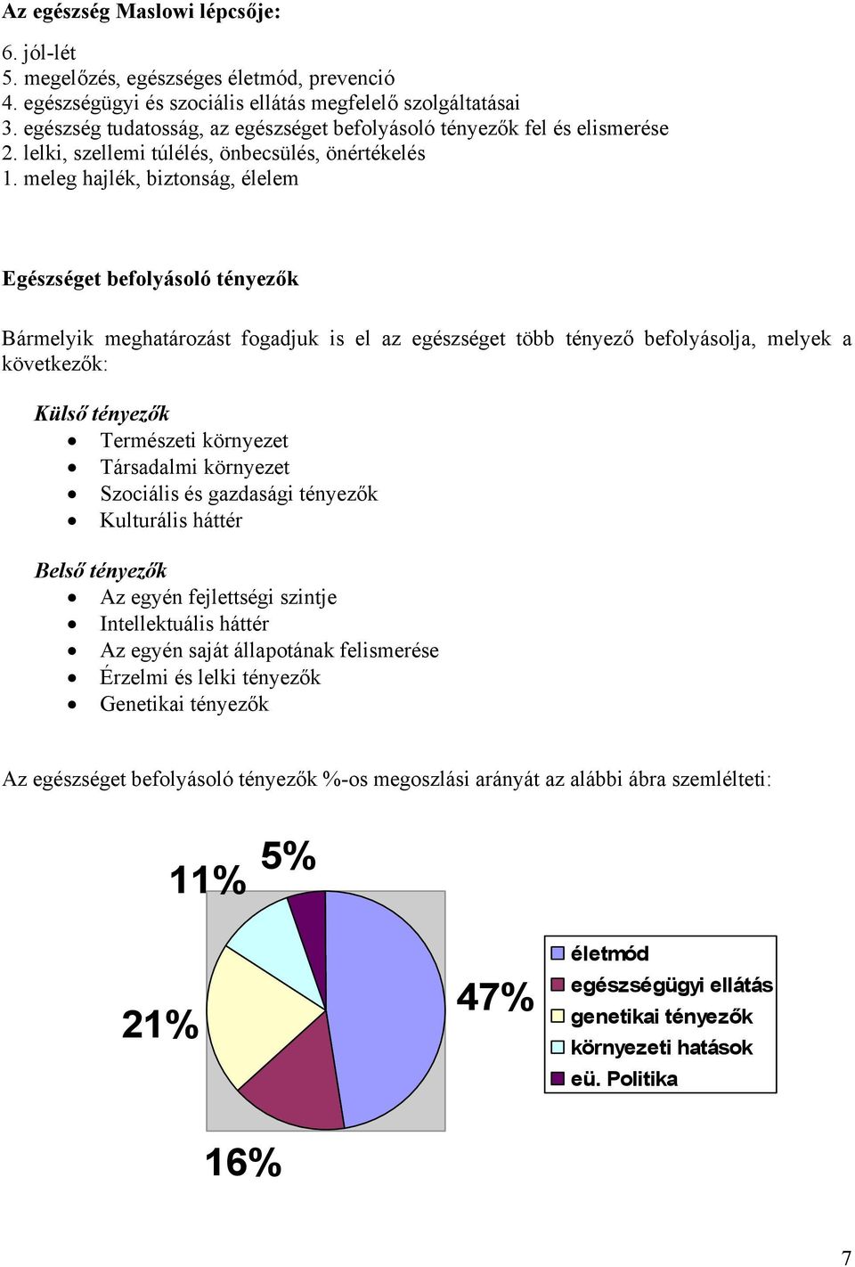 meleg hajlék, biztonság, élelem Egészséget befolyásoló tényezők Bármelyik meghatározást fogadjuk is el az egészséget több tényező befolyásolja, melyek a következők: Külső tényezők Természeti