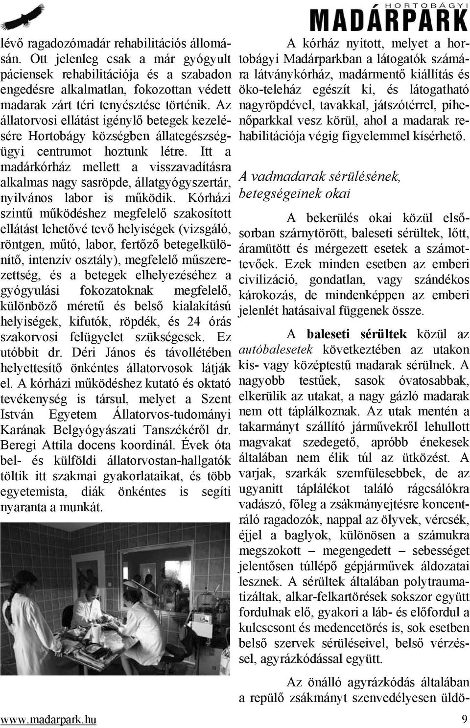 Itt a madárkórház mellett a visszavadításra alkalmas nagy sasröpde, állatgyógyszertár, nyilvános labor is működik.