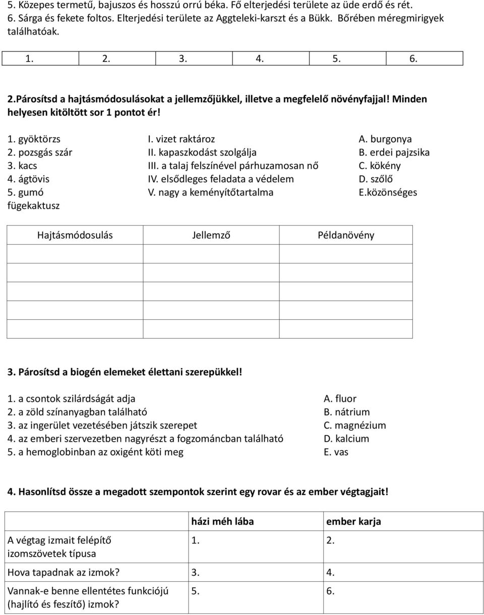 vizet raktároz A. burgonya 2. pozsgás szár II. kapaszkodást szolgálja B. erdei pajzsika 3. kacs III. a talaj felszínével párhuzamosan nő C. kökény 4. ágtövis IV. elsődleges feladata a védelem D.