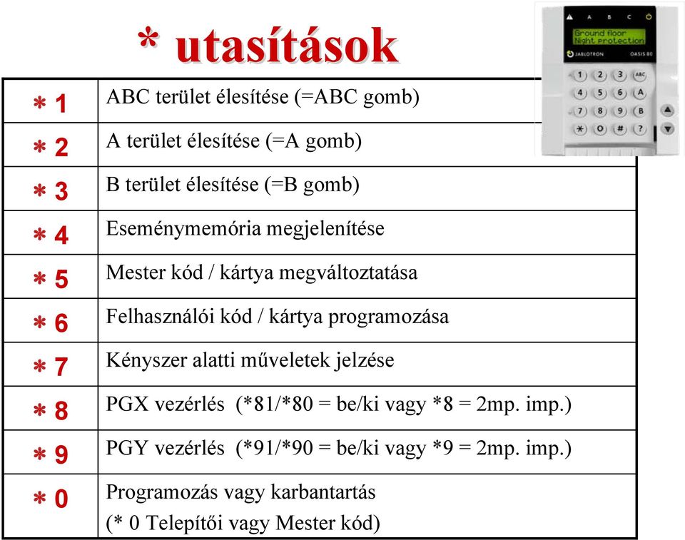 kód / kártya programozása Kényszer alatti műveletek jelzése PGX vezérlés (*81/*80 = be/ki vagy *8 = 2mp.