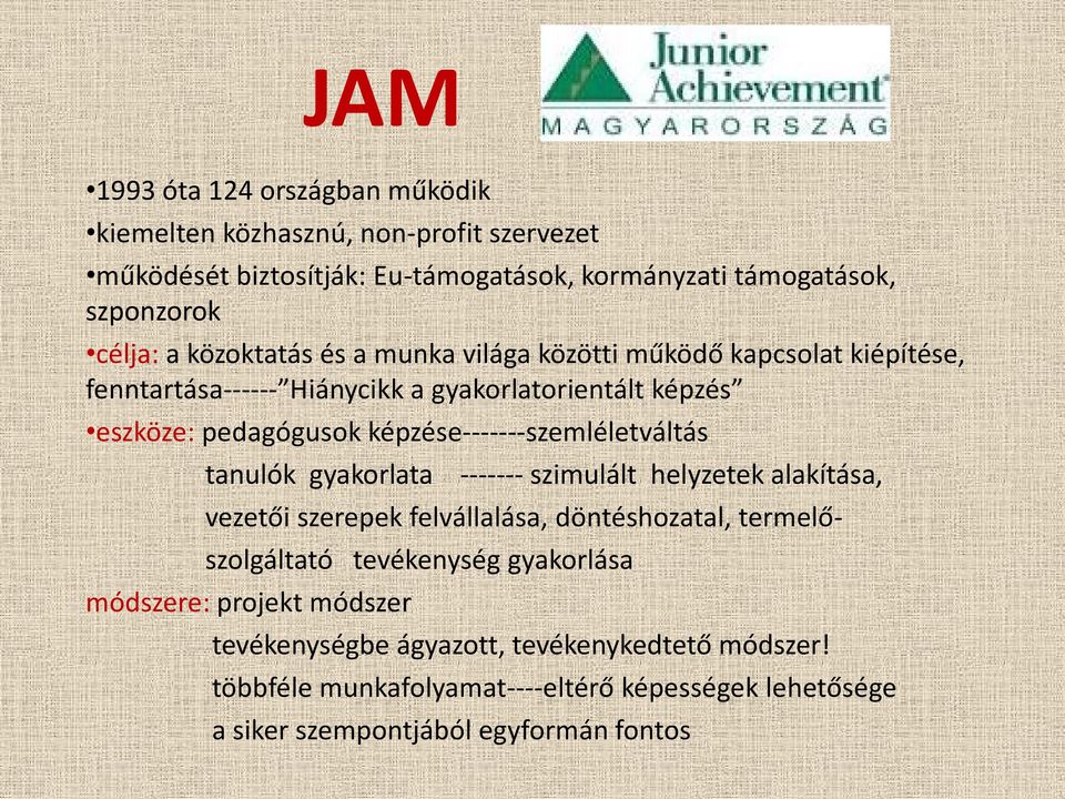 képzése-------szemléletváltás tanulók gyakorlata ------- szimulált helyzetek alakítása, vezetői szerepek felvállalása, döntéshozatal, termelő- szolgáltató