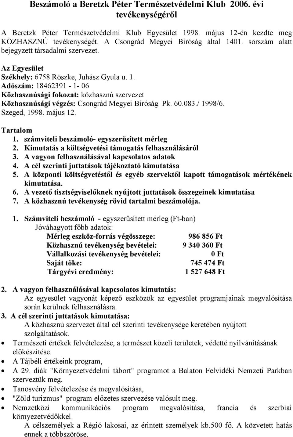 60.083./ 1998/6. Szeged, 1998. május 12. Tartalom 1. számviteli beszámoló- egyszerősített mérleg 2. Kimutatás a költségvetési támogatás felhasználásáról 3.