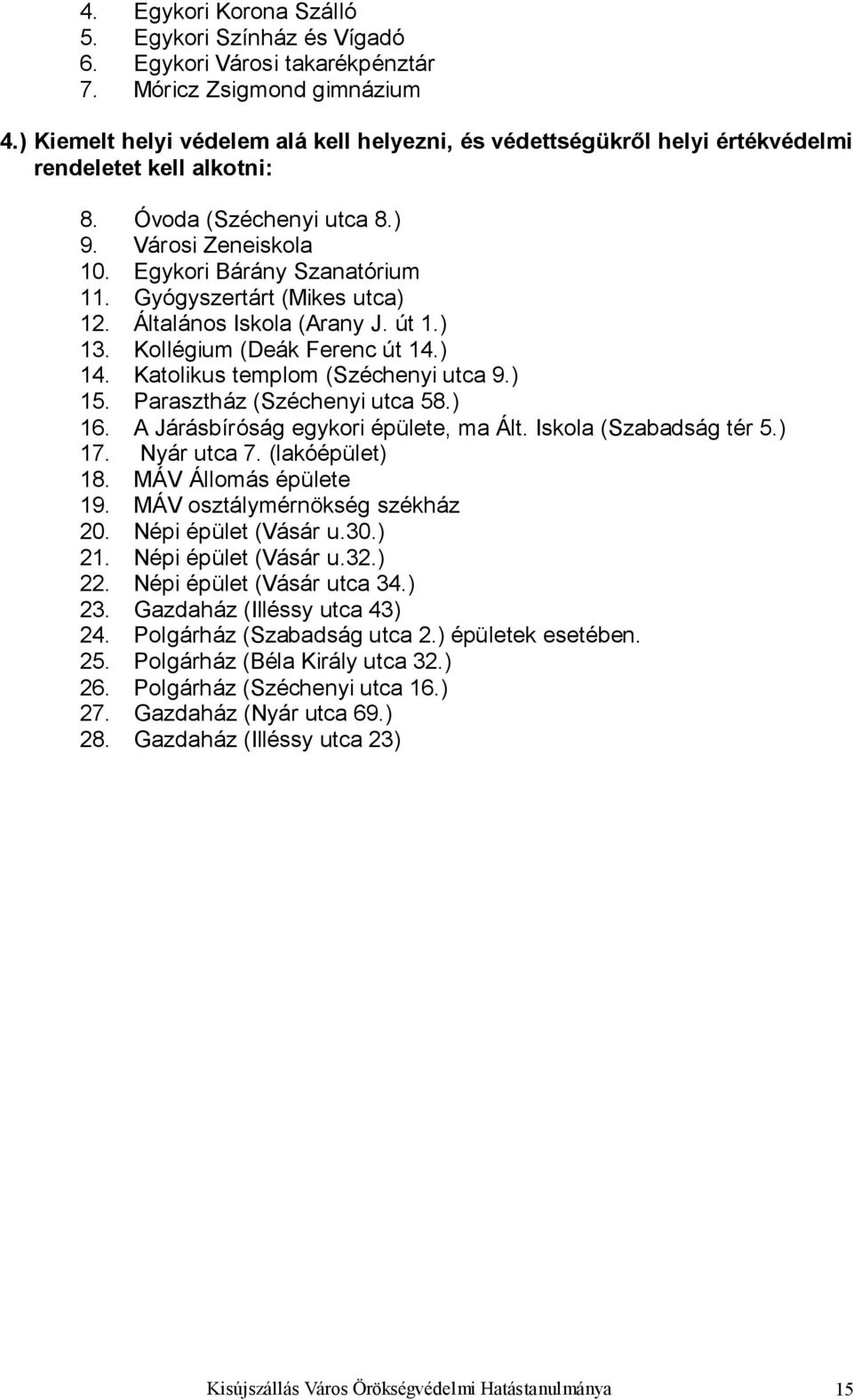 Gyógyszertárt (Mikes utca) 12. Általános Iskola (Arany J. út 1.) 13. Kollégium (Deák Ferenc út 14.) 14. Katolikus templom (Széchenyi utca 9.) 15. Parasztház (Széchenyi utca 58.) 16.