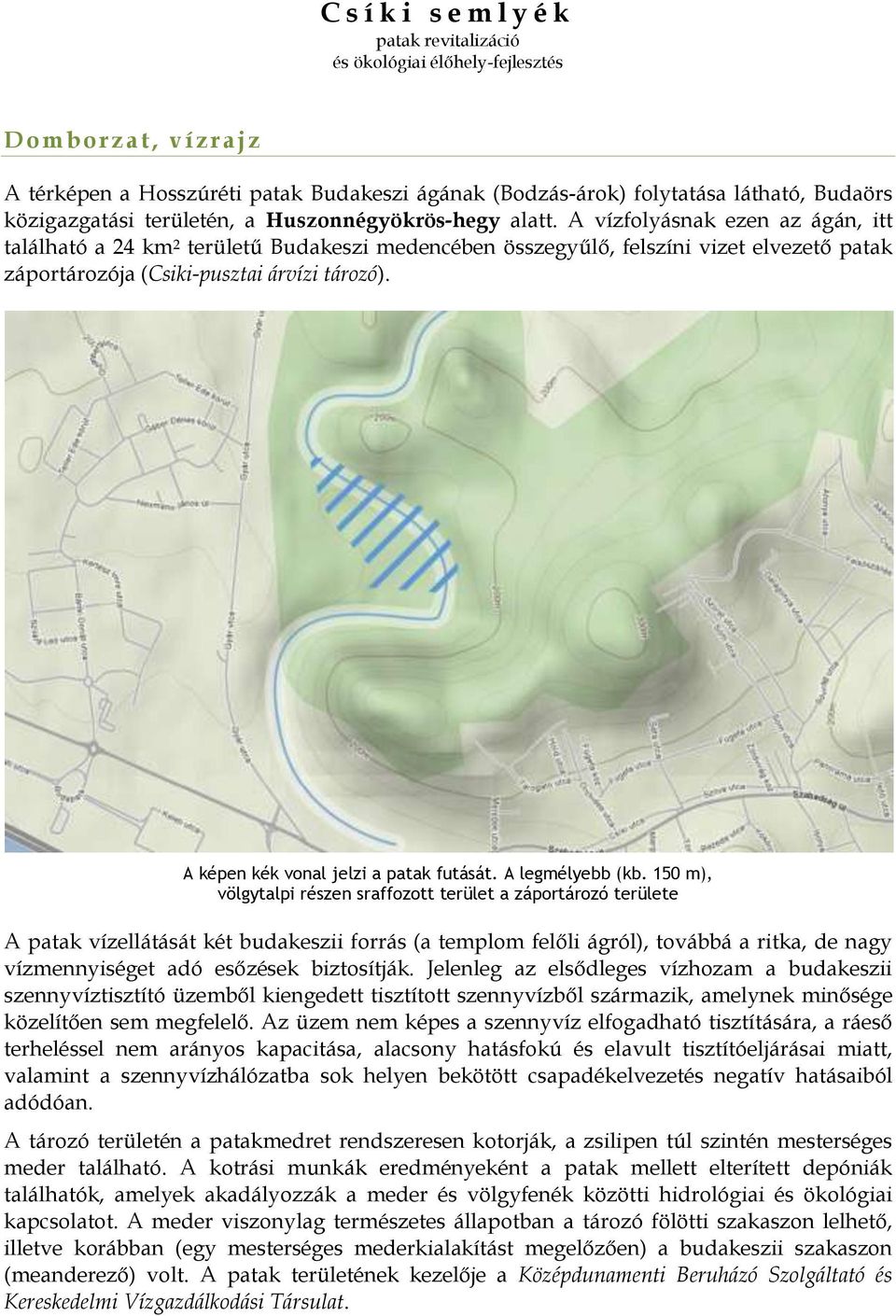 A vízfolyásnak ezen az ágán, itt található a 24 km 2 területű Budakeszi medencében összegyűlő, felszíni vizet elvezető patak záportározója (Csiki-pusztai árvízi tározó).