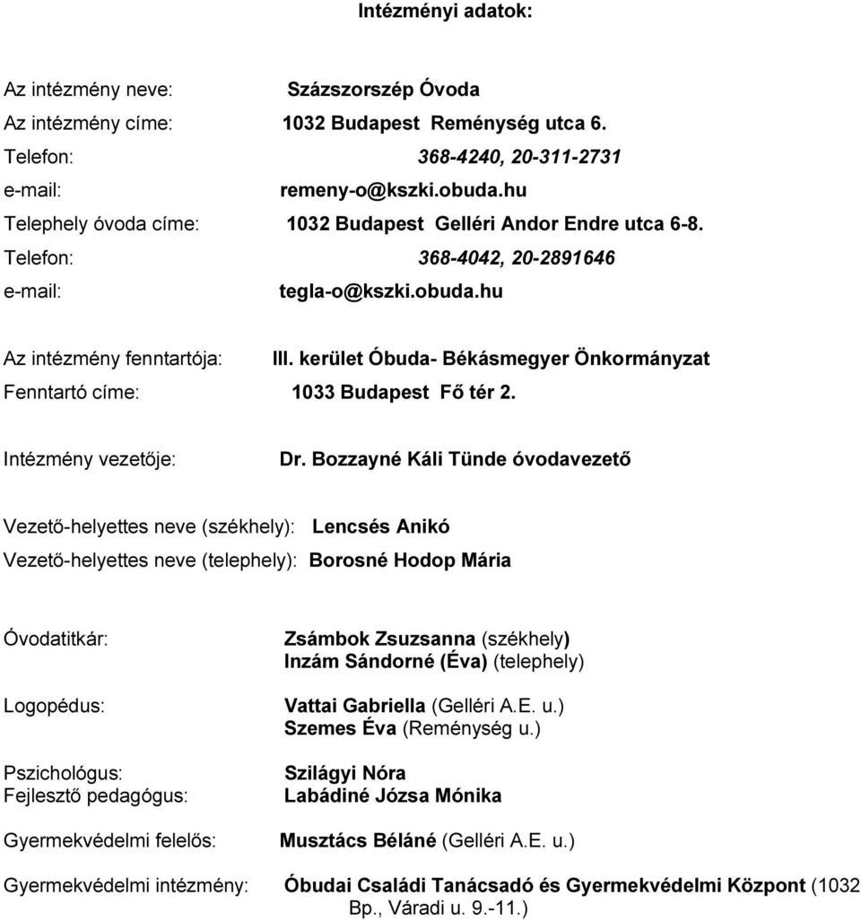 kerület Óbuda- Békásmegyer Önkormányzat Fenntartó címe: 1033 Budapest Fő tér 2. Intézmény vezetője: Dr.