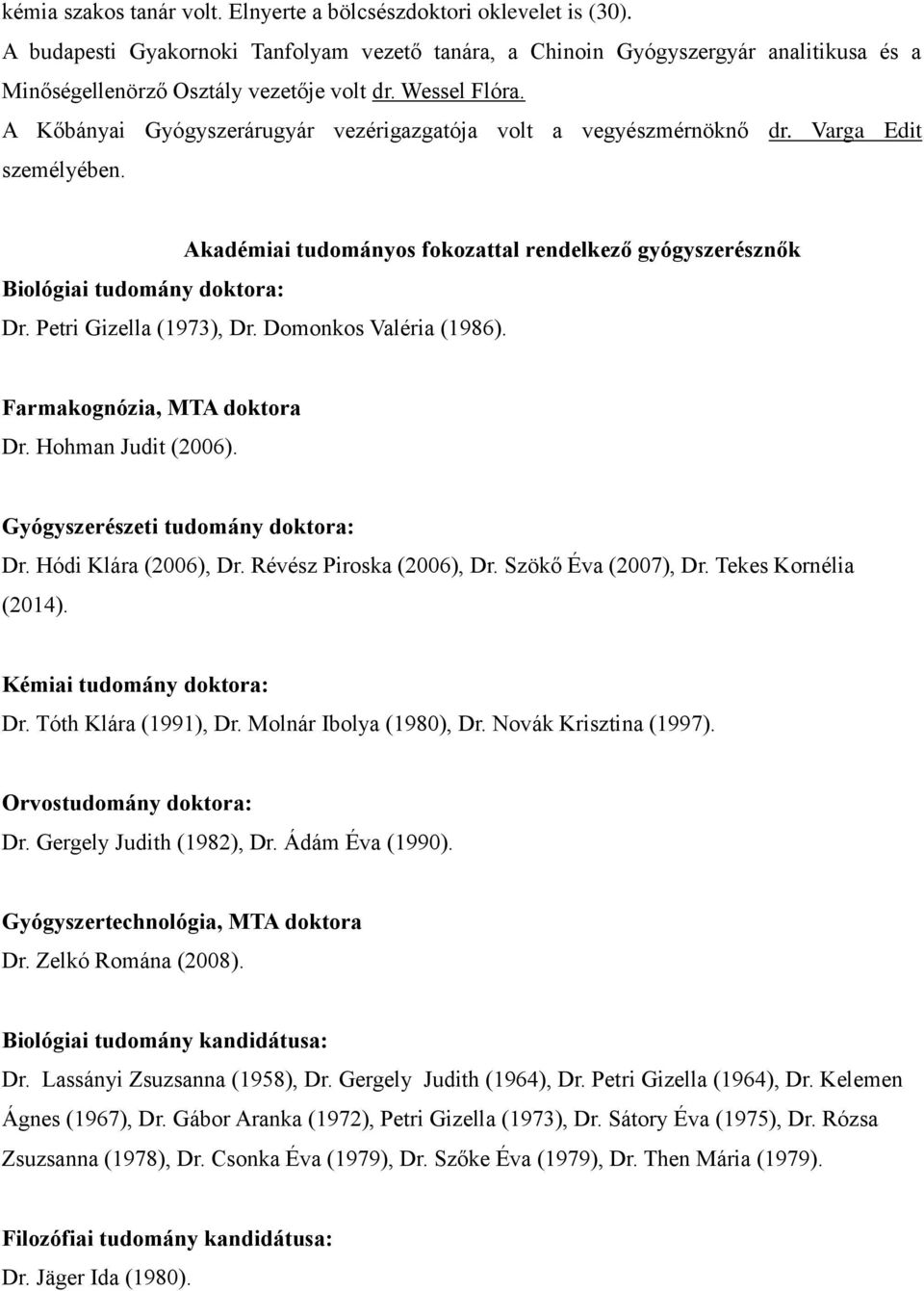 A Kőbányai Gyógyszerárugyár vezérigazgatója volt a vegyészmérnöknő dr. Varga Edit személyében. Biológiai tudomány doktora: Akadémiai tudományos fokozattal rendelkező gyógyszerésznők Dr.