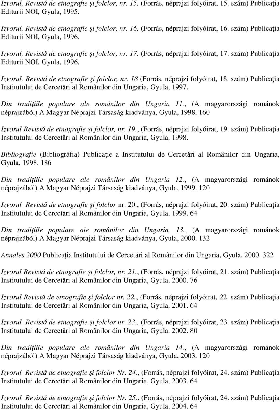 szám) Publicaţia Editurii NOI, Gyula, 1996. Izvorul, Revistă de etnografie şi folclor, nr. 18 (Forrás, néprajzi folyóirat, 18.