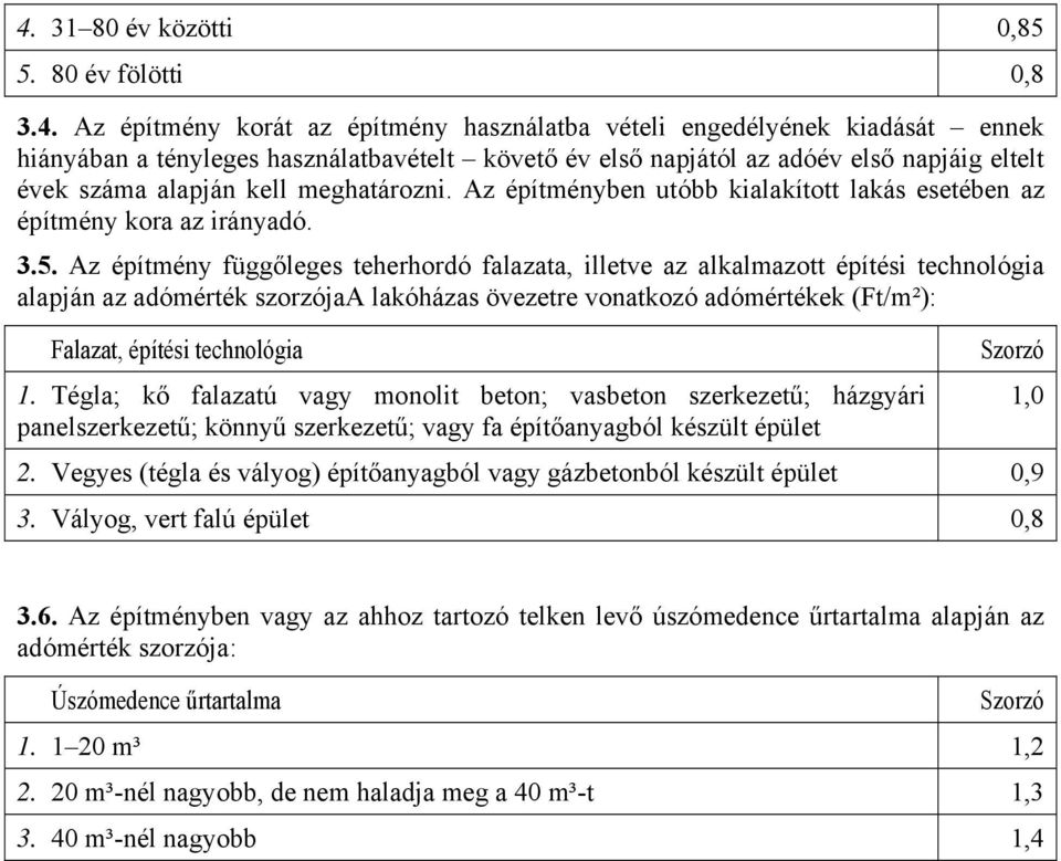 Az építmény függőleges teherhordó falazata, illetve az alkalmazott építési technológia alapján az adómérték szorzójaa lakóházas övezetre vonatkozó adómértékek (Ft/m²): Falazat, építési technológia 1.