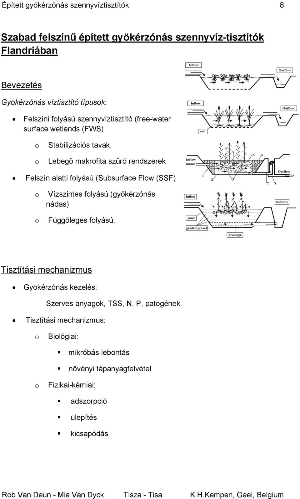 alatti folyású (Subsurface Flow (SSF) o o Vízszintes folyású (gyökérzónás nádas) Függőleges folyású.