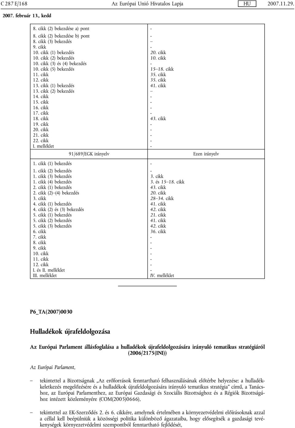 cikk - 18. cikk 43. cikk 19. cikk - 20. cikk - 21. cikk - 22. cikk - I. melléklet - 91/689/EGK irányelv 1. cikk (1) bekezdés - 1. cikk (2) bekezdés - 1. cikk (3) bekezdés 3. cikk 1. cikk (4) bekezdés 3.